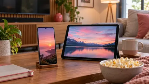 Celular e tablet com paisagens ao entardecer, com tigela de pipoca sobre mesa de madeira.