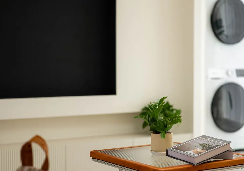 Sala de estar iluminada com televisor ligado ao lado da janela