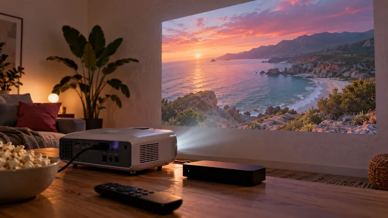 Projetor sobre mesa exibindo paisagem costeira ao pôr do sol em parede de sala.