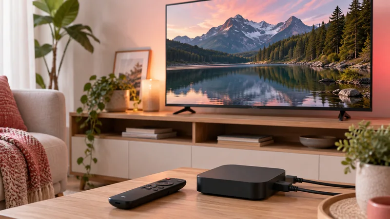 Aparelho de reprodução com cabos e controle remoto sobre mesa, televisão com montanhas ao fundo.