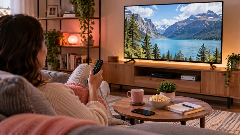 Pessoa com controle remoto diante de televisão com paisagem de montanhas em sala clara.